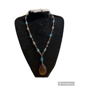 Cookie Lee Necklace Brown Pendant Blue Bead Chain 18” Plus Extender